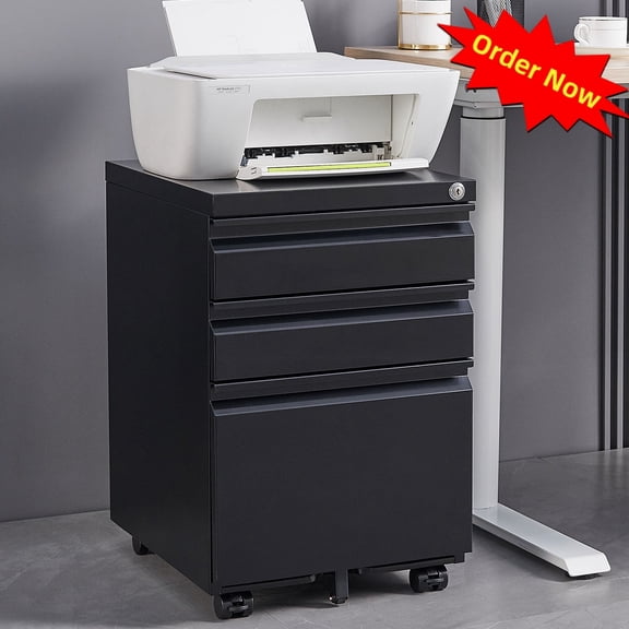 Tcbosik 3 Drawer Mobile File Cabinet with Lock, Locking Storage Cabinet with Wheels for Home Office, Metal Mobile Filing Cabinet for Legal/Letter Size, Easy Assembly, Black