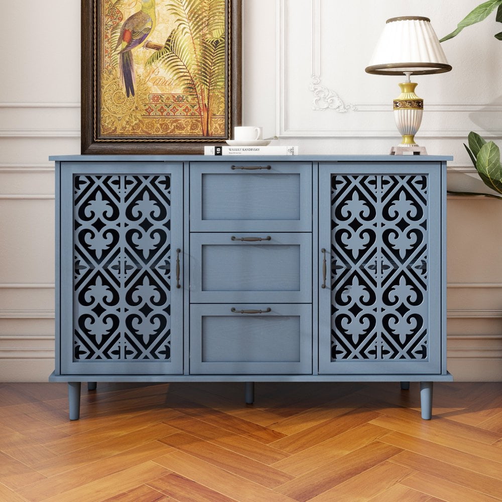 Blue Hollow Carved Wood Sideboard Buffet Cabinet with 3 Drawers and 2 Doors