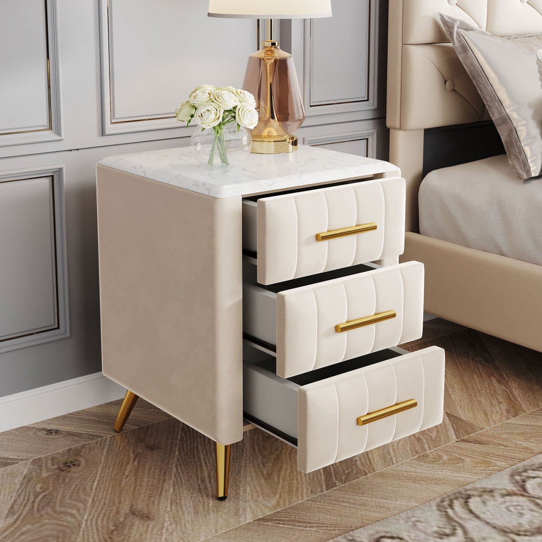 Tcbosik 3 Drawers Nightstand with Metal Legs, Beige Velvet Upholstered