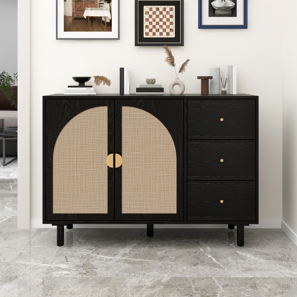 Black and Natural Rattan Freestanding Sideboard with Adjustable Shelving