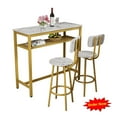 thumbnail image 1 of Tcbosik 3-Piece Bar Table Set for 2, Small Dining Table with Open Shelf, 2 Round Barstools with Backrest, Small Kitchen Table Set with Metal Frame for Dining Room, Living Room, White & Gold, 1 of 7