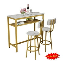 Tcbosik 3-Piece Bar Table Set for 2, Small Dining Table with Open Shelf, 2 Round Barstools with Backrest, Small Kitchen Table Set with Metal Frame for Dining Room, Living Room, White & Gold