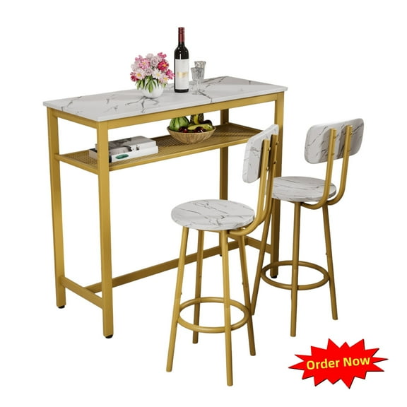 Tcbosik 3-Piece Bar Table Set for 2, Small Dining Table with Open Shelf, 2 Round Barstools with Backrest, Small Kitchen Table Set with Metal Frame for Dining Room, Living Room, White & Gold