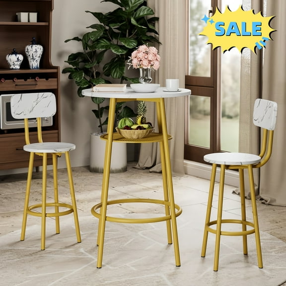 Tcbosik 3-Piece Bar Table Set for 2, Small Round Bistro Table & 2 Stools with Backrest, Round Table with Storage Shelf, Counter Height Table and Chairs Set for Small Space, White & Gold