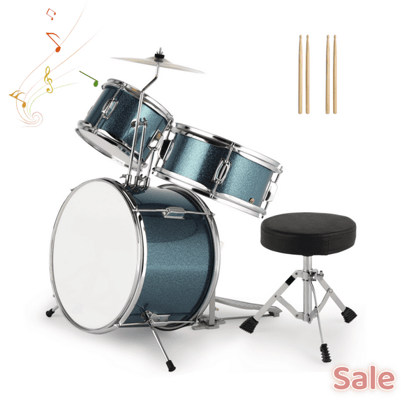 Tcbosik 3-Piece Beginner Drum Set for Junior with Stool, Cymbal, Sticks, Pedal, Bass Drum and Tom-Tom Drum, Sky Blue