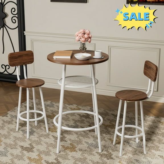 Tcbosik 3 Piece Bistro Dining Set, Modern Round Pub Table with Storage Shelf, Modern Kitchen Table & 2 Stools with Backrest, Space Saving, Brown+White