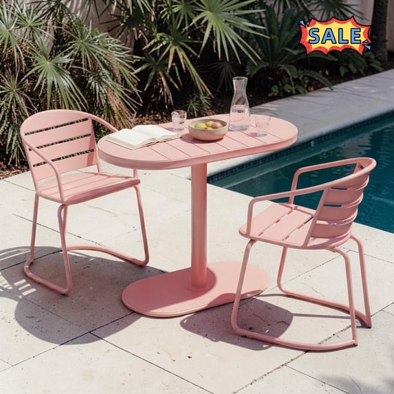 Tcbosik 3 Piece Bistro Set, 39.5" Oval Table and 2 Metal Chairs, Outdoor Furniture Set for Balcony, Poolside, Garden, Deck, Patio, Coral