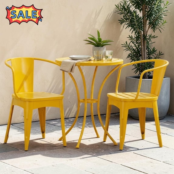 Tcbosik 3-Piece Bistro Set, Outdoor Metal Conversation Set, 24" Round Table and 2 Armchairs, for Porch, Lawn, Garden, Backyard, Yellow