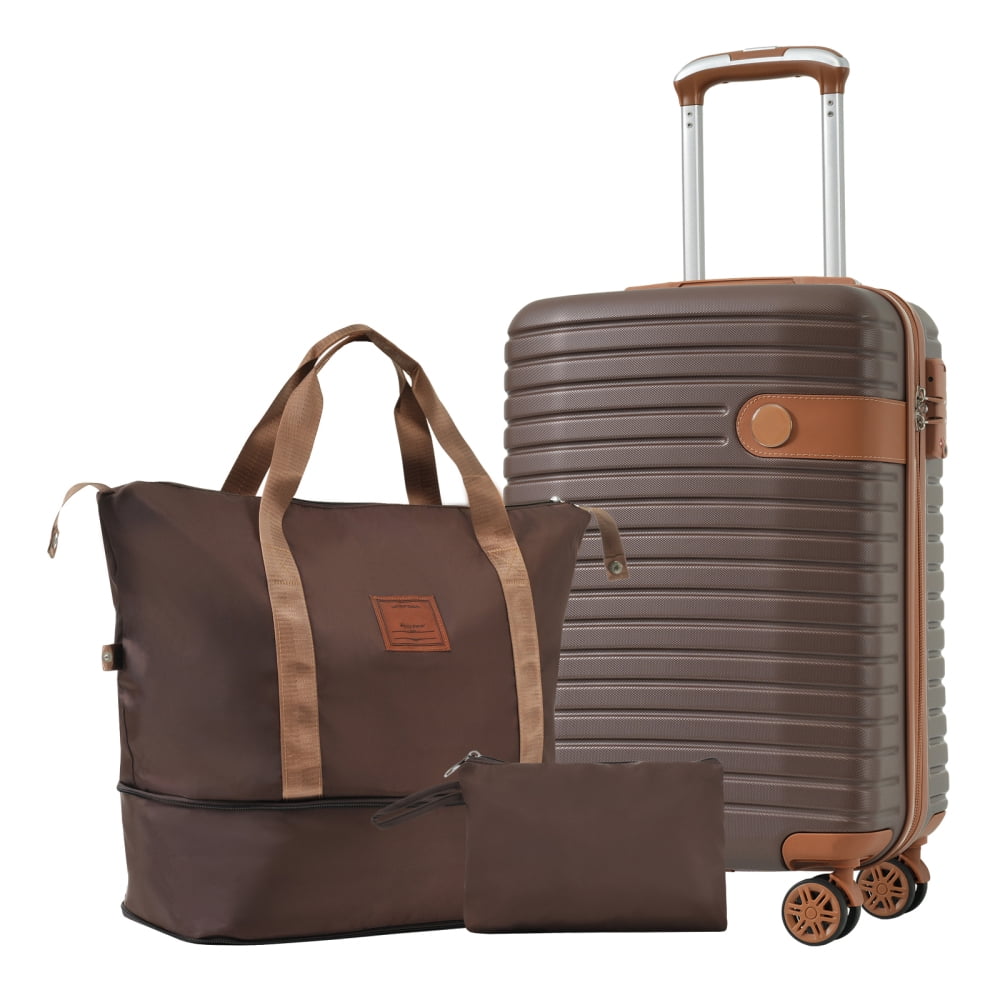 Tcbosik 3 Piece Carry on Luggage Set with Spinner Wheels and TSA Lock, 20 inch Lightweight Suitcase with Travel Bag and Toiletry Bag, Brown