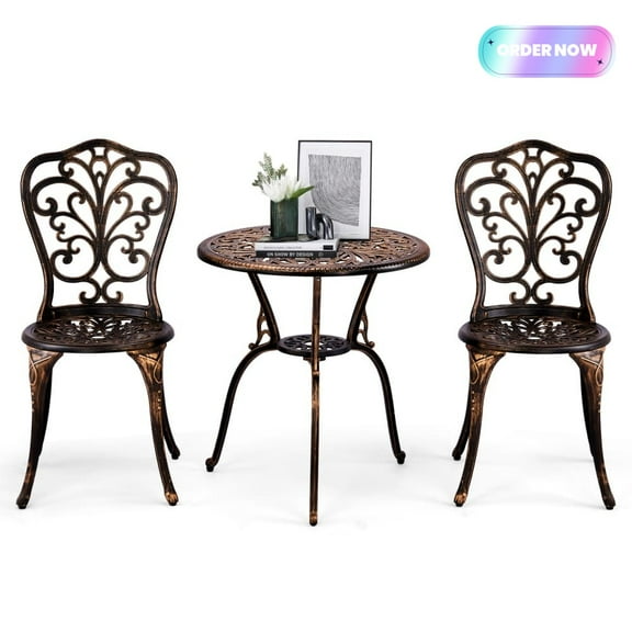 Tcbosik 3-Piece Cast Aluminum Bistro Set, 2-Tier Dining Table with Umbrella Hole, 2 Leisure Chairs, Weather-Resistant Cast Aluminum Table Set for Backyard, Bronze