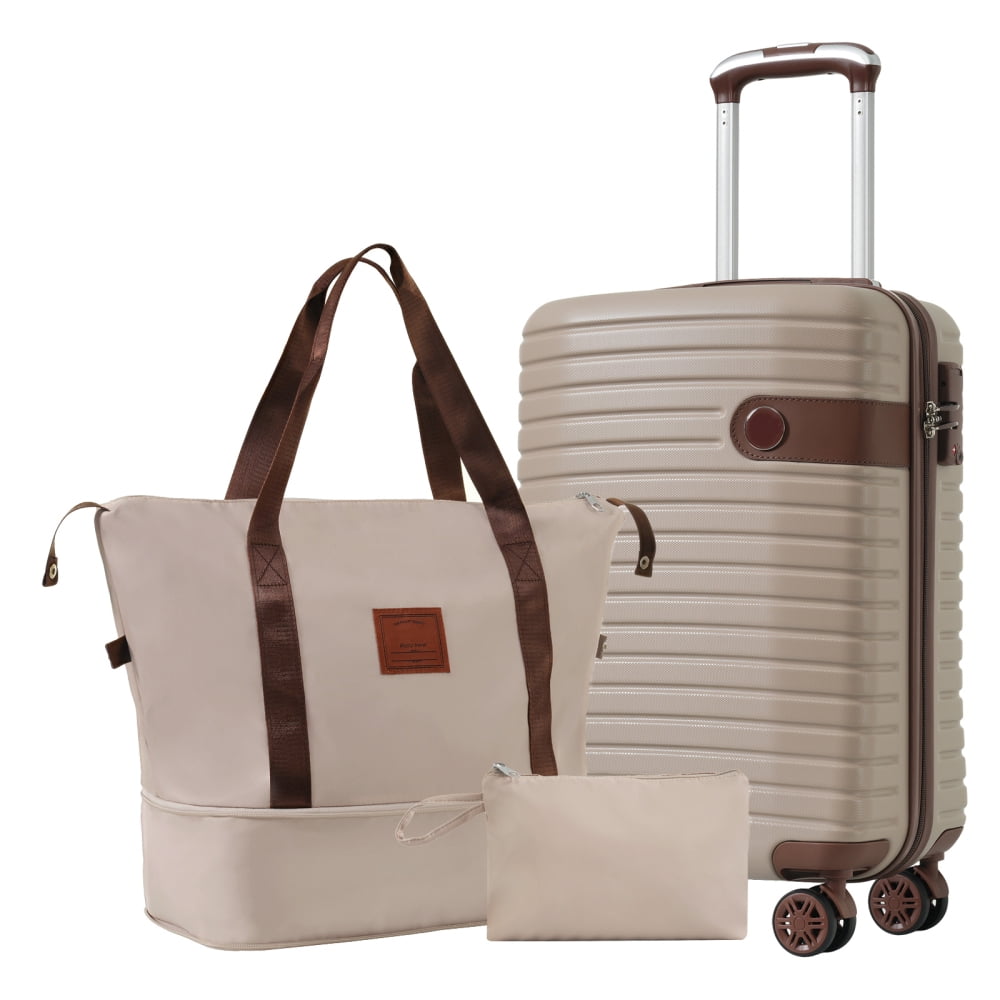 Tcbosik 3 Piece Hardside Luggage Set, 20" ABS Carry on Suitcase with TSA Lock and Spinner Wheels, Travel Bag and Toiletry Bag, Khaki