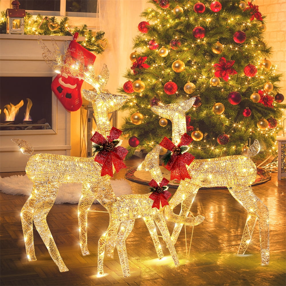 Golden 3-Piece Lighted Christmas Reindeer Family Set with LED Lights
