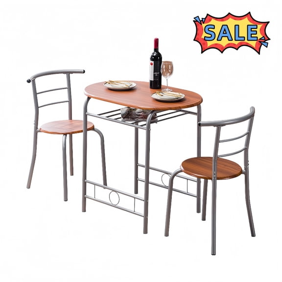 Tcbosik 3-Piece Modern Dining Table Set, Space Saving Dinette Table Set, Small Table with Storage Shelf & 2 Chairs, Kitchen Table Set with Metal Frame for Breakfast Nook, Light Brown