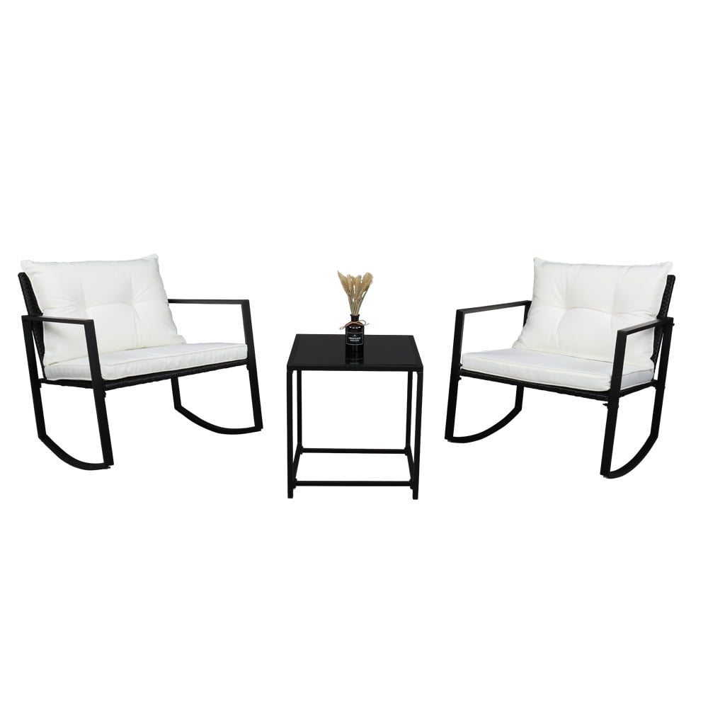 Black and White Wicker Rocking Chair Set with Glass Table