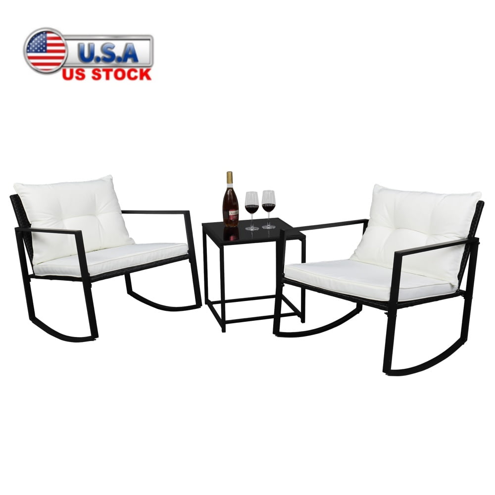 Black and White Wicker Rocking Chair Set with Glass Table