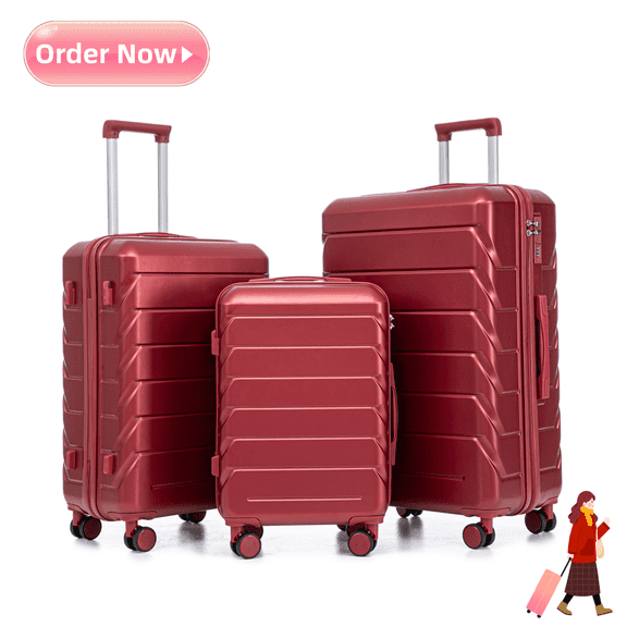 Tcbosik 3-Piece Set Hardshell Luggage Set, Lightweight Travel Suitcase with Spinner Wheels, 20/24/28 inch, Wine Red