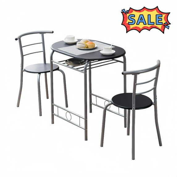 Tcbosik 3-Piece Small Dining Table Set, Modern Kitchen Table with Built-in Wine Rack, 2 Armless Chairs with Metal Frame, Space Saving, Black