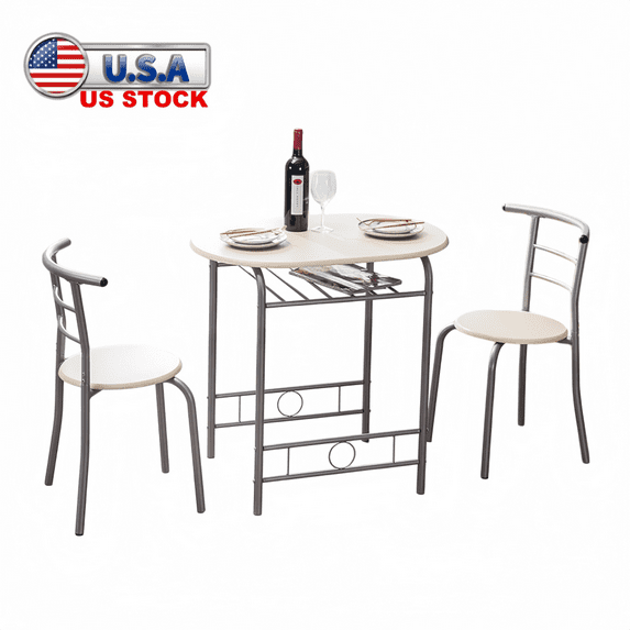 Tcbosik 3 Piece Breakfast Table Set, Dining Table and Chair for 2, Bistro Table with Built-in Wine Rack for Kitchen Living Room, Natural