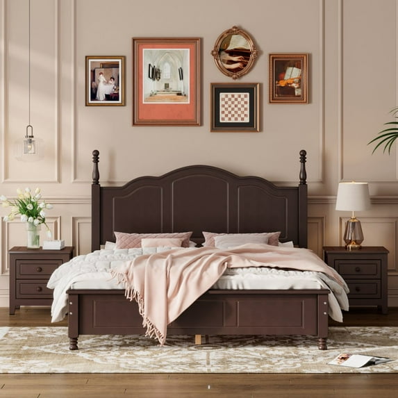 Tcbosik 3-Pieces Wooden Bedroom Sets, Queen Size Platform Bed with Two 2-Drawers Nightstands, Dark Walnut