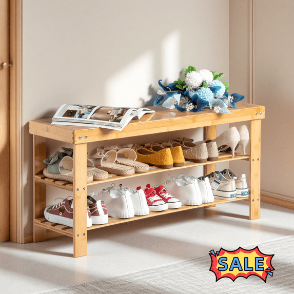 Tcbosik 3-Tier Bamboo Shoe Rack Bench with Storage for Entryway Hallway Foyer, Wood Color