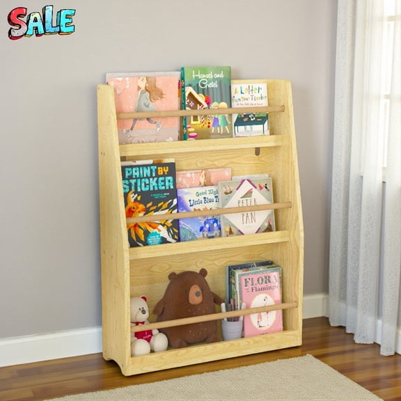 Tcbosik 3-Tier Book Rack, Open Display Bookshelf with Anti-Tip Device, MDF and Pine Wood Bookcase for Bedroom, Playroom, Living Room, Natural