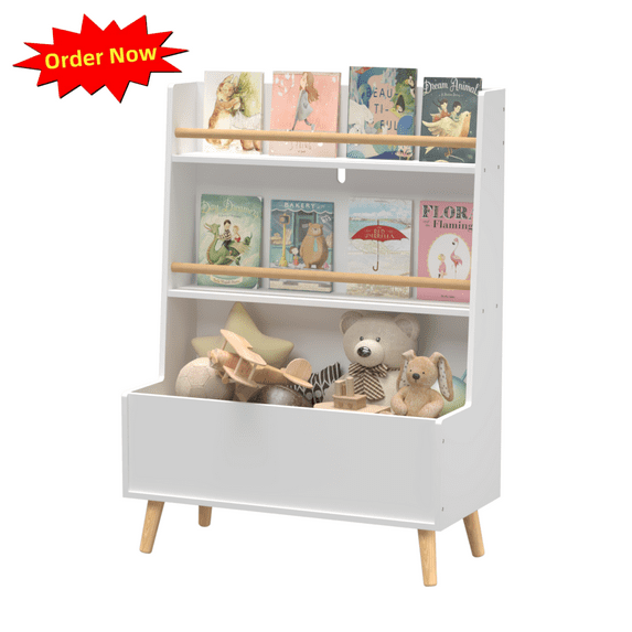 Tcbosik 3-Tier Bookshelf, Magazine Display Rack with Storage, Display Organizer for Living Room, Bedroom, White