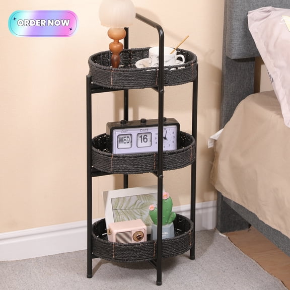 Tcbosik 3-Tier Handwoven Side Table with Basket, 11.8" Oval End Table with Metal Frame, Farmhouse Storage Organizer for Living Room, Bedroom, Black