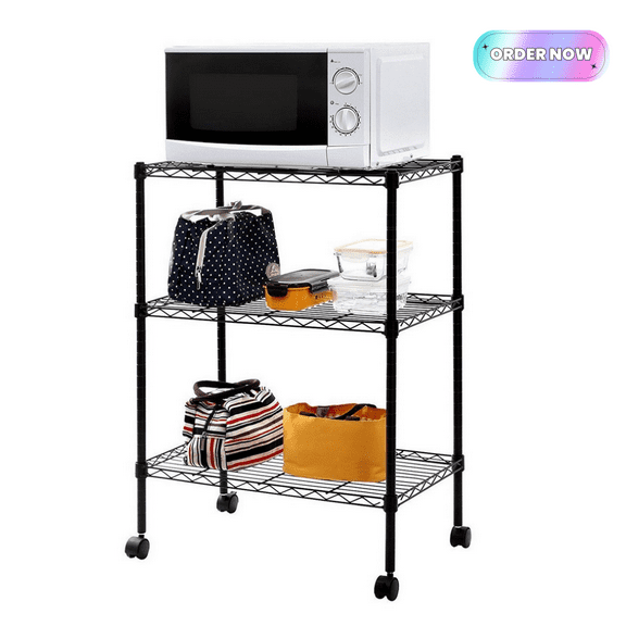 Tcbosik 3-Tier Heavy Duty Storage Shelves on Wheels, Utility Shelving Unit for Kitchen, Laundry, Pantry, Garage, Black