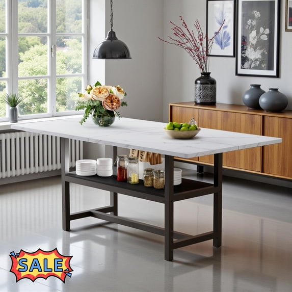 Tcbosik 3-Tier Modern Dining Table with Storage Shelf, 71" Long Accent Table with Metal Frame for Kitchen, Living Room, White