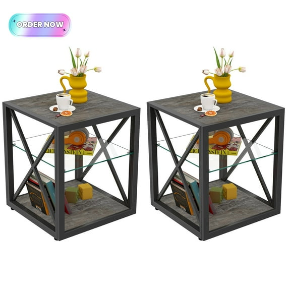 Tcbosik 3-Tier Side Tables with Storage Set of 2, Square End Table with Glass Shelf, 17.7" Modern Nightstand for Small Space, Living Room, Bedroom, Rustic Wood Color
