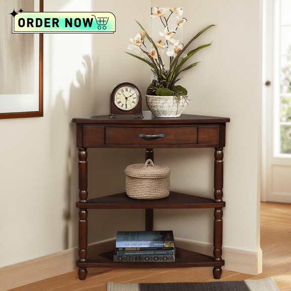 Tcbosik 3-Tier Corner Side Table with Open Shelves, Small End Table with Storage Drawer for Bedroom, Living Room, Easy Assembly, Light Espresso