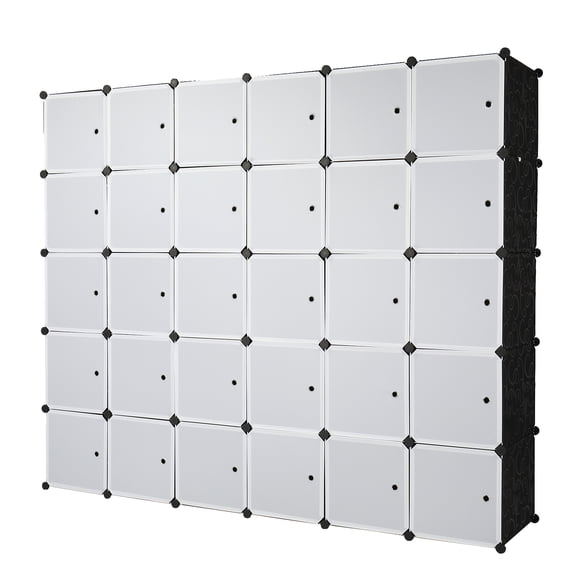 Tcbosik 30 Cube Organizer Stackable Plastic Cube Storage Shelves Design Multifunctional Modular Closet Cabinet With Hanging Rod White Doors And Black Panels
