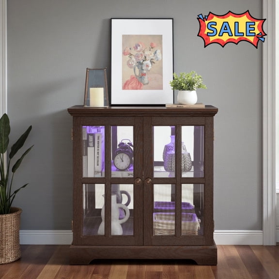 Tcbosik 30" Curio Cabinet with LED Lights, Modern Display Cabinet with 2 Doors, Storage Cabinet with Adjustable Shelf, Buffet Sideboard for Kitchen, Dining Room, Living Room, Cherry