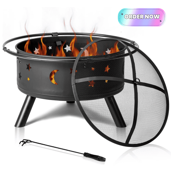 Tcbosik 30" Round Metal Fire Pit for Outside, Wood Burning Fireplace with Poker and Mesh Screen Lid for Outdoor, Garden, Patio, Lawn, Backyard, Black