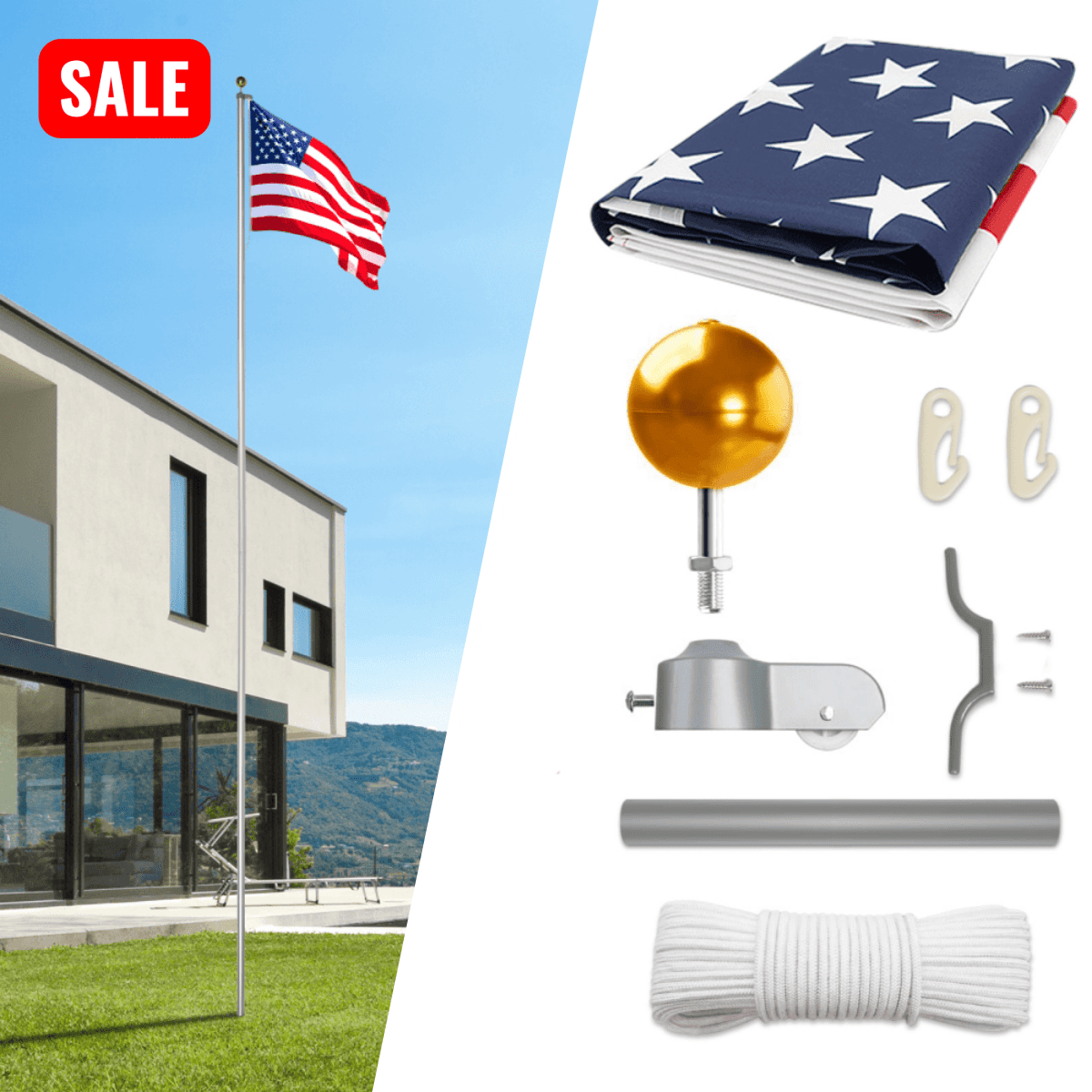 Tcbosik 30FT Flag Pole Kit for Outdoor, Sectional Aluminum Extra Flagpole with 5x3ft American Flag, Heavy Duty Flag Pole Kit for Yard