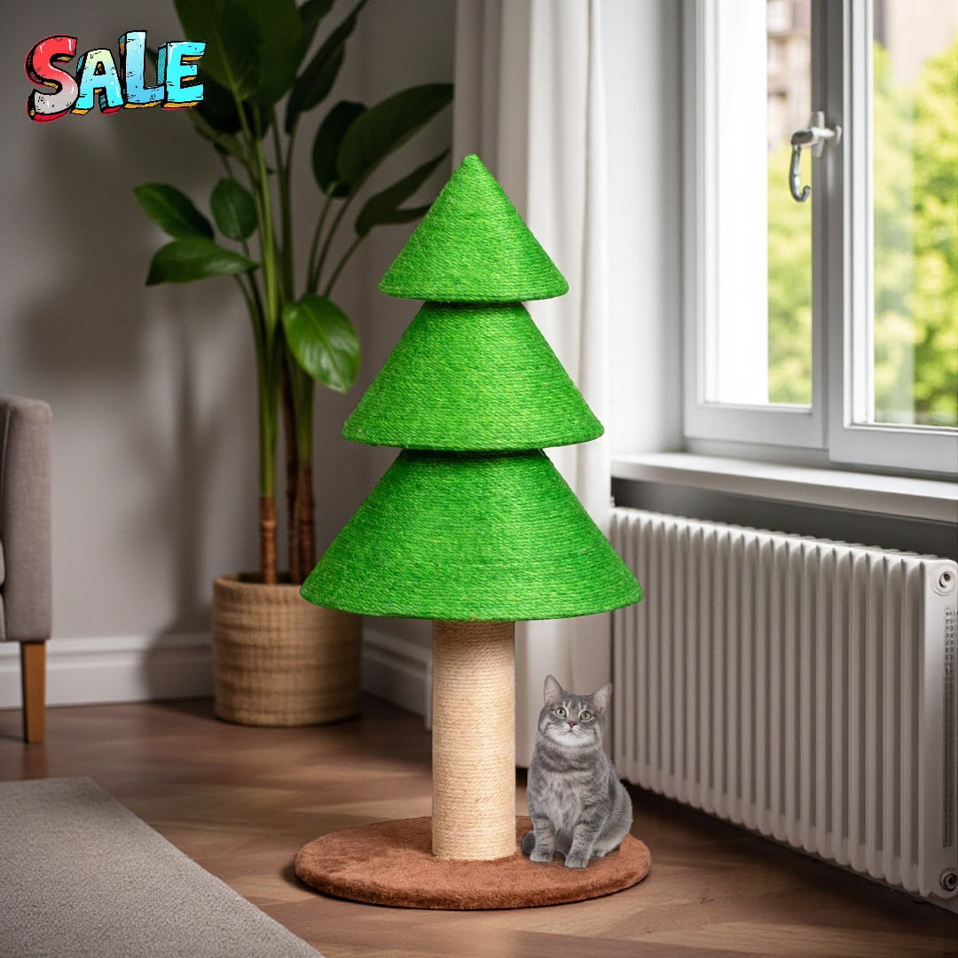 Tcbosik 31.5" Christmas Tree Cat Scratcher, Xmas Themed Scratching Post with All-Around Sisal & Fleece Plush Base, Holiday Décor for Cats, Grass Green