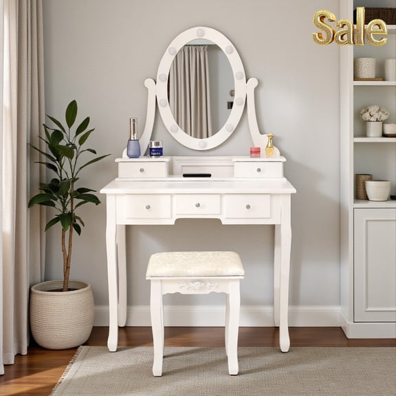 Tcbosik 31.5" Dressing Table with 10 LED Lights, 5 Drawers, Removable Mirror & Padded Stool Multifunctional Vanity Desk with Crystal Handles and Curved Legs, White