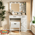 thumbnail image 1 of Tcbosik 31.5" Farmhouse Makeup Vanity Desk with Lighted Mirror and Storage Stool, Dressing Table with Adjustable Shelf, Barn Door and 2 Storage Drawers for Bedroom, Brown+White, 1 of 9