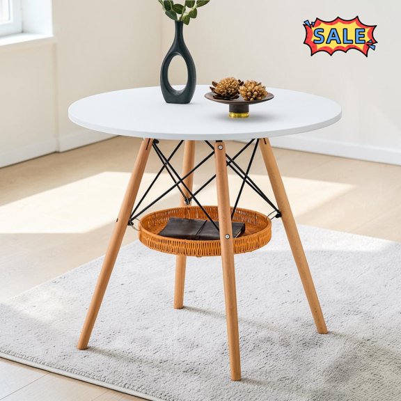 Tcbosik 31.5 Inch Coffee Table, Small Dining Table with Woven Storage Basket, Cocktail Table with Solid Wood Legs, Center Table for Living Room, Wood Color & White