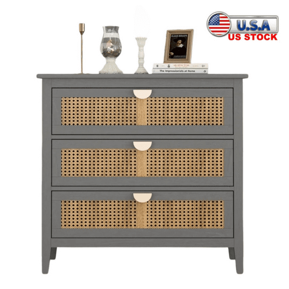 Tcbosik Storage Dresser with 3 Rattan Drawers, Chest of Dresser, Bedside Table for Home Bedroom Living Room, Gray