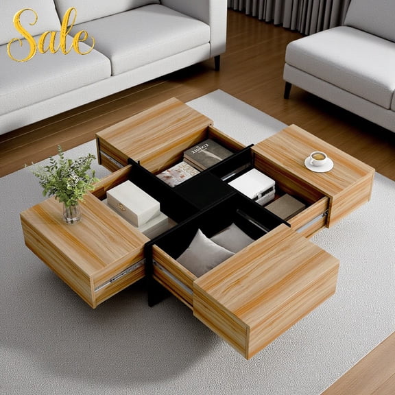 Tcbosik 31.5" Square Coffee Table with 4 Hidden Storage Compartments & Sliding Top, Modern Accent Center Tea Table for Living Room, Home Office, Small Space (Brown)