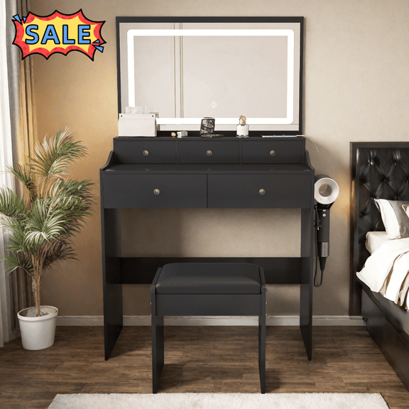 Tcbosik 31.5" Vanity Desk with Lights and Mirror, Charging Station and Cushioned Stool, Makeup Dressing Table with Dryer Holder & 5 Drawers, Easy Assembly, Black