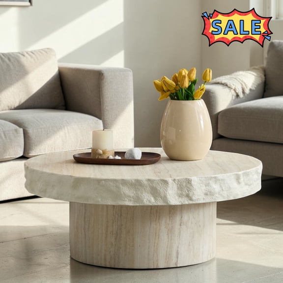 Tcbosik 31.7" Modern Coffee Table, Modern Mid-Century Fiberglass Accent Table, Round Center Table for Living Room, Beige