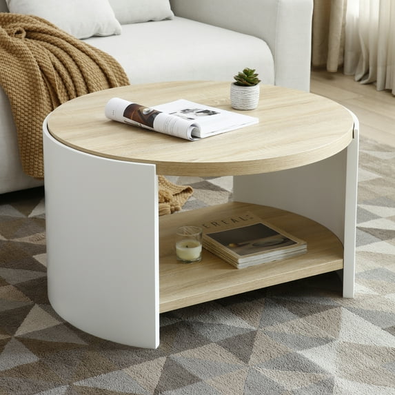 Tcbosik 31" Coffee Table with Open Shelf, 2-Layer Cocktail Table, Center Table with Storage for Living Room, Easy to Assemble, White & Natural