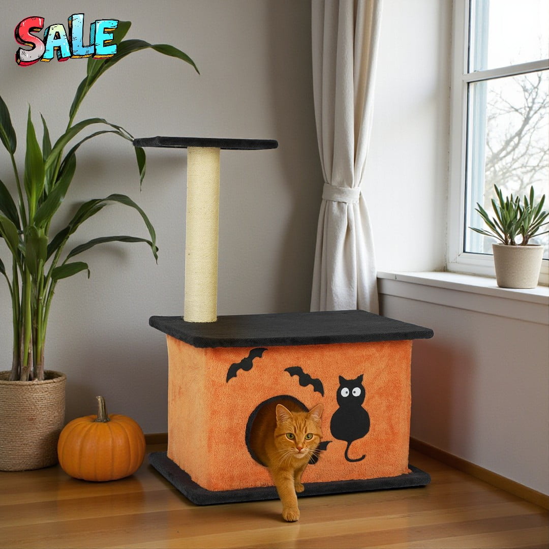Tcbosik 33.1in Cat Tree with Condo, Sisal Scratching Post & Extra Wide Base, Themed Cat Furniture for Indoor Cats, Black and Orange