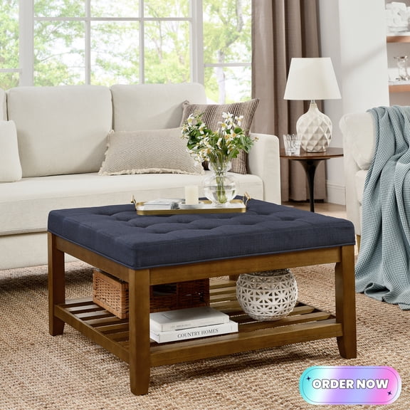 Tcbosik 33.5" Square Coffee Table with Open Shelf, Wood Accent Table, Upholstered Linen Fabric Ottoman for Living Room, Bedroom, Navy Blue