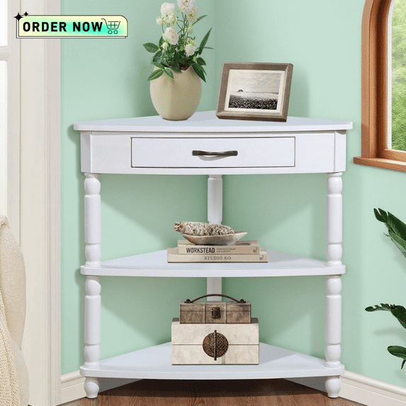 Tcbosik 33.8" Wood Corner Table with Storage Drawer and Open Shelves, Freestanding Side Table for Kitchen Bathroom Bedroom Living Room, Milk White