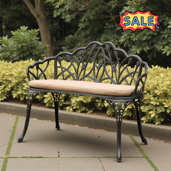 Tcbosik 33 Inch Outdoor Garden Bench with Cushion, Cast Aluminium Patio Bench with Tulip Pattern Backrest for Porch, Lawn, Garden, Backyard, Easy Assembly, Black
