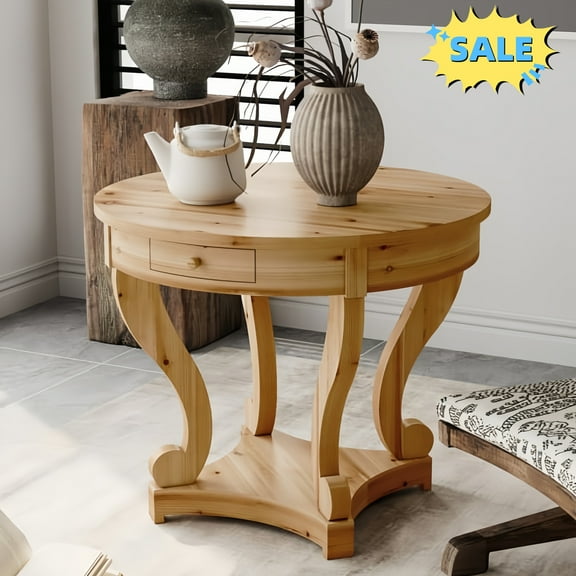 Tcbosik 33" Small Dining Table with Drawer, Farmhouse Coffee Table with Open Shelf, Round Leisure Table for Living Room, Kitchen, Natural Wood