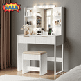 thumbnail image 1 of Tcbosik 33 inch Vanity Desk with Lighted Mirror and Charging Station, Modern Makeup Table with Cushioned Stool, Open Shelves and 2 Storage Drawers for Bedroom, White, 1 of 6